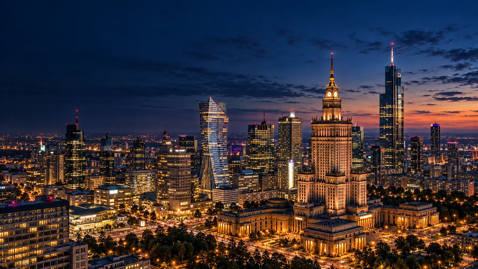 Panorama Warszawy z Pałacem Kultury i Nauki oraz wieżowcami